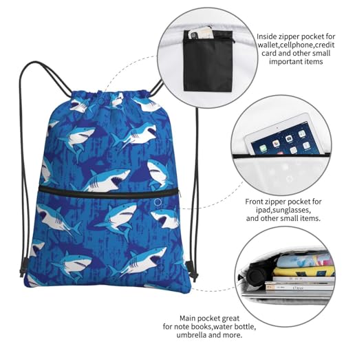 JOOCAR Shark Drawstring Bag Blue Ocean Sea Backpack Draw String Bags Waterproof Lightweight Sports Gym Beach Sackpack Zipper Pocket for Men Women - color: B3