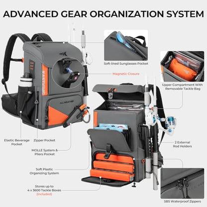 KastKing All Weather Fishing Tackle Backpack with 4 Waterproof Tackle Boxes & Removable Rod Holders,Waterproof ArmorShield Fabric Fishing Bag Storage Fishing Gear - color: A: Grey（With 4 Waterproof Tackle Boxes）