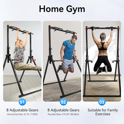 440.92LBS Pull Up Bar Station, Portable Pullup Bar Station, 5.74-7.55ft Height Adjustable 1.2MM-wall Stable Triangular Structure PVC Carbon Steel Freestanding Home Training Workout Dip Stands