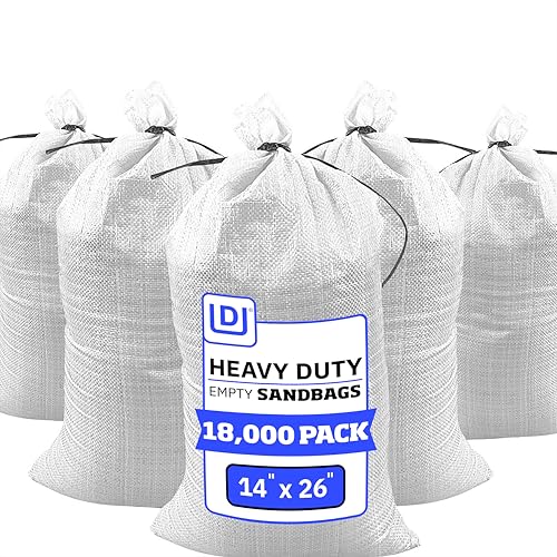 DURASACK Heavy Duty Sand Bags with Tie Strings Empty Woven Polypropylene Sandbags for Flood Control with 1600 Hours of UV Protection, 50 lbs Capacity, 14x26 inches, White, 18000 Count - color: White, size: 18000 Sandbags