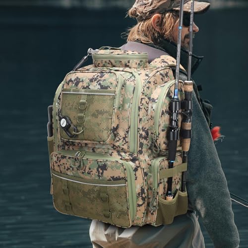 WANOON Fishing Backpack, Ttackle Bag,with Tackle Boxes. Large Fishing Bag Strong Materials - color: Camouflage Black, size: 42L-With Tackle Boxes