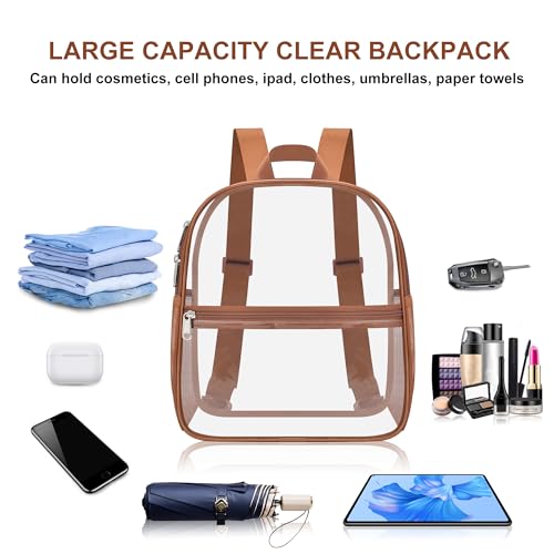 Oraben Clear Backpack Stadium Approved, 12 x 6 x 11 in, Small Transparent Backpack for Concerts, Sports Events, Festivals, Travel, Waterproof PVC, Adjustable Straps, Women Men - color: Coffee Brown, style: Nylon Shoulder Straps