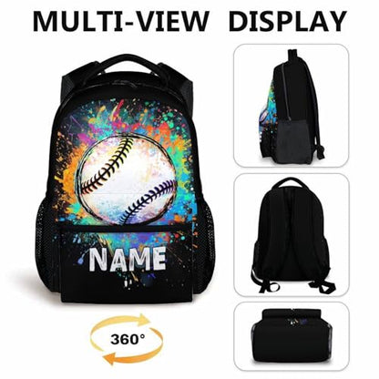 Boys School Backpack Personalized Kids Baseball Backpacks Bookbag Back to School Supplies, 17 Inches Custom Name Cool Sport Back Pack for Travel Camping Casual (Black) - color: Color 4-1