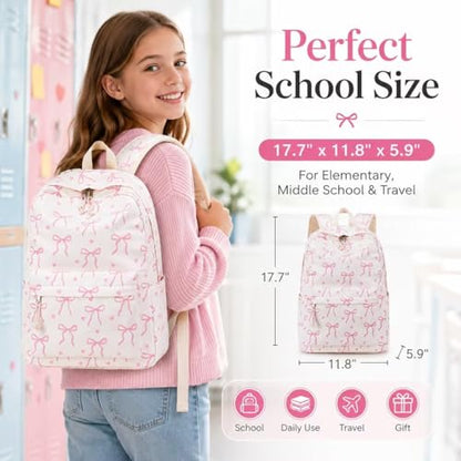 LOIDOU Girls Backpack for Kids Cute School Bookbag - color: Bow Tie Beige, size: L-17"