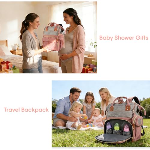 MosaiRudo Diaper Bag Backpack Baby Bag,Waterproof, Travel Diaper Bags with Pacifier Case for Baby Girl Boy Backpack for Women (Pink-Gray) - color: Pink-gray