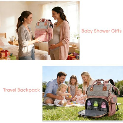 MosaiRudo Diaper Bag Backpack Baby Bag,Waterproof, Travel Diaper Bags with Pacifier Case for Baby Girl Boy Backpack for Women (Pink-Gray) - color: Pink-gray