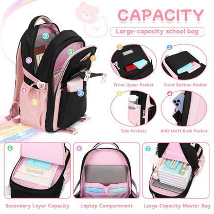 PIG PIG GIRL Girls Backpack, Kids Backpack for Girls with Anti-theft Back Pocket, Lightweight School Backpacks, Watrer Resistant, Bookbag for Elementary Primary School, Black Pink,3pcs - color: Black Pink 3pcs