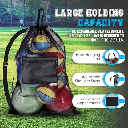 Handy Laundry Mesh Ball Bag - Up to 15 Balls Large Capacity Sports Equipment Bag Carrier with Adjustable Strap and Drawstring Closure - For Soccer, Basketball, Volleyball