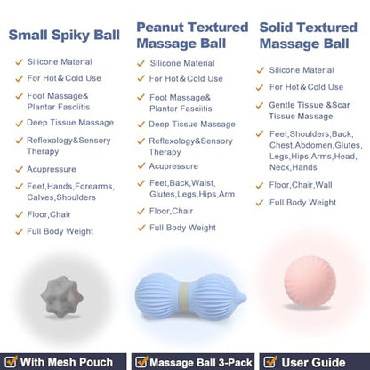Silicone 3-Piece Massage Ball Set - Peanut, Textured and Spiky Lacrosse Balls to Relieve Tension,Muscle Knots & Plantar Fasciitis with Deep Tissue Release for Foot,Back,Hip,Arm & Legs - style: Peanut Silicone Massage Ball Set