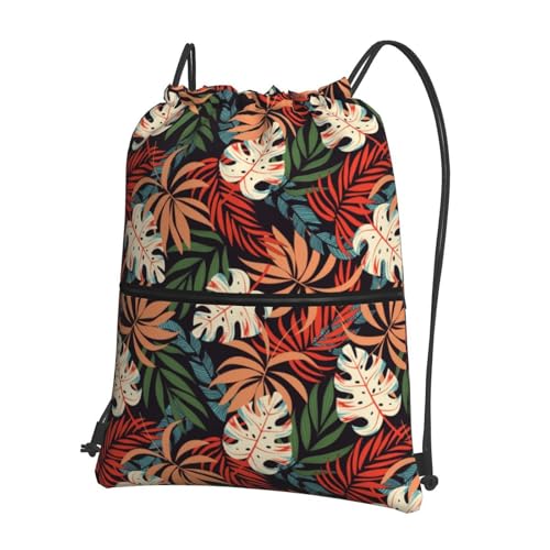 JOOCAR Tropical Leaf Drawstring Bag Summer Backpack Draw String Bags Waterproof Lightweight Sports Gym Beach Sackpack Zipper Pocket for Men Women - color: B4
