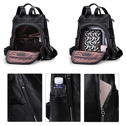 S-ZONE Leather Backpack Purses for Women Antitheft Rucksack Shoulder Bag Medium - color: Black