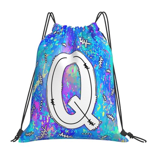 Drawstring Backpack Bag Sport Gym Sackpack Initial Blue Draw String Cinch Bags Bulk String Backpack Storage Bag for Women Men Letters Q - color: Letters Q