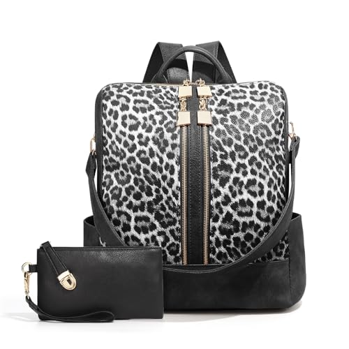 Women's Backpack with Wristlet Set, Large Capacity Tote Backpack for Women, Fashion Travel Backpack & Stylish Mommy Bag (Black Leopard) - color: Black Leopard