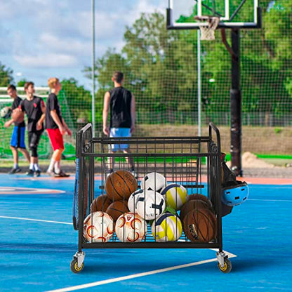 MyGift Large Capacity Metal Rolling Multi Sports Ball Cage Storage Hopper, Gym Equipment Basket Cart with Lockable Latch, Heavy Duty Caster Wheels, and 8 Accessory Hooks - color: Black