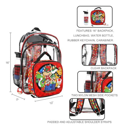 Bioworld Super Mario Brothers 5-Piece Backpack & Lunchbox Set With Water Bottle - color: 5-pc Super Mario Clear Red, size: 16 Inches