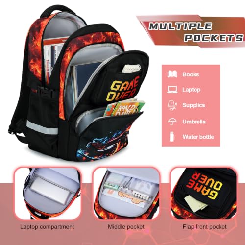 Scothen 3PCS Boys Backpack Set, Cool Backpack for Boys with Lunch Bag & Pencil Case, Kids School Bag Teen Boy Bookbag for Kindergarten Elementary Middle School with USB Charging Port - color: Red Flame Race Car