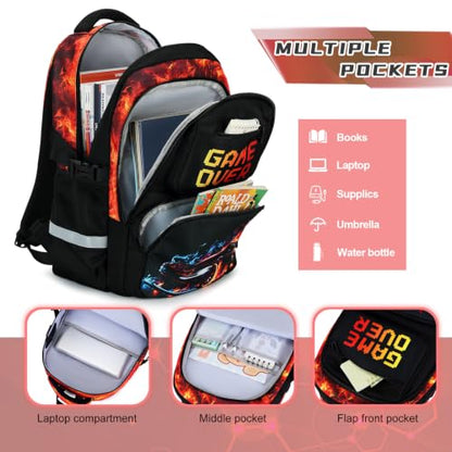 Scothen 3PCS Boys Backpack Set, Cool Backpack for Boys with Lunch Bag & Pencil Case, Kids School Bag Teen Boy Bookbag for Kindergarten Elementary Middle School with USB Charging Port - color: Red Flame Race Car