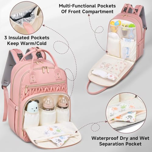 Tealari Diaper Bag Backpack,Stylish Baby Diaper Bag,Waterproof Travel Diaper Backpacks Baby Bags with Changing Pad,Stroller Straps,Insulated Pockets (Pink) - color: Pink