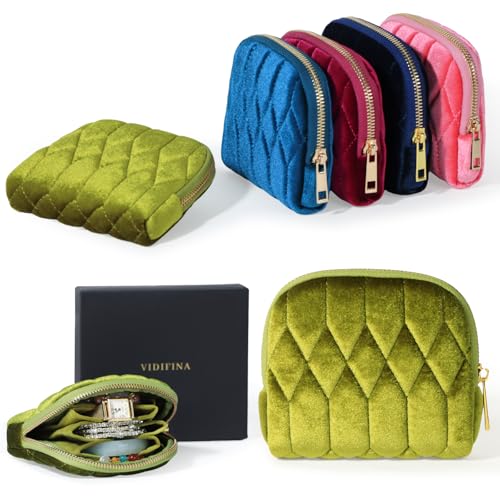 Travel Jewelry Case,Mini Travel Jewelry Bag with Zipper, 5-Layer Velvet Organizer Pouch for Bracelet Rings Earrings - Diamond Stitched Velvet Moss Green - color: MossGreen