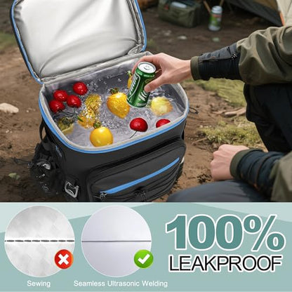 Large 52cans Cooler Backpack, Insulated, Waterproof, Leak Proof, 30L Large Capacity - color: Black, Blue Zipper