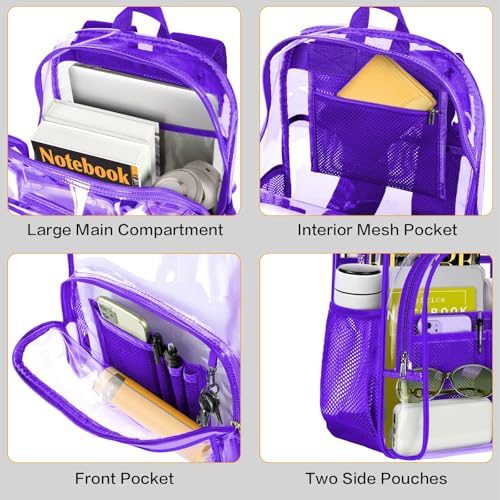 PAMANO Clear Backpack, Heavy Duty Transparent Reinforced Bottom See Through for College, Travel Work Security - color: Purple