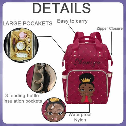 Newcos Personalized African Crown Baby Women, Diamond Cut Red Diaper Bag with Name Nappy Bags Travel Casual Mummy Backpack for Mom Women - color: Color 178