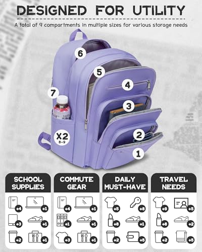 Backpack for Middle High School Teen Boys Girls Large College Bookbag with Laptop Compartment Back to School Book Bags Mochilas Escolares para Niños Niñas Adolescentes (Light Purple, Solid) - color: Light Purple