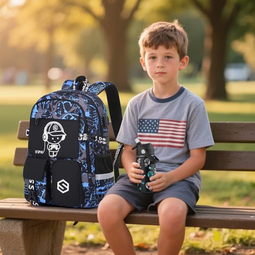 Scothen Boys Backpack, Cool Luminous Gamer School Backpacks for Boys with 14oz Insulated Water Bottle Lunch Bag Pencil Case, Kids Backpack Book Bags for Kindergarten Elementary Middle School - color: Blue Musicer