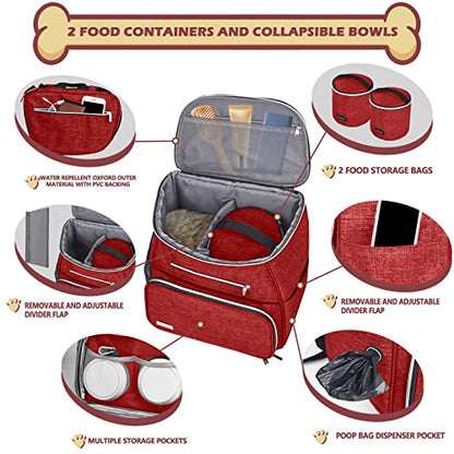 BAGLHER 丨Dog Travel Bag Backpack, Airline Approved Pet Supplies Backpack, Dog Travel Backpack with 2 Silicone Collapsible Bowls and 2 Food Baskets Red - color: Red