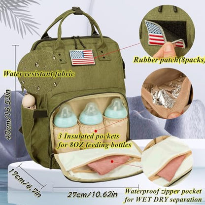 Diaper Bag Backpack for Dad and Mom with USB Charging Port Stroller Straps and Insulated Pocket,army military Travel Nappy Backpack for daddy mommy (Green) - color: Green