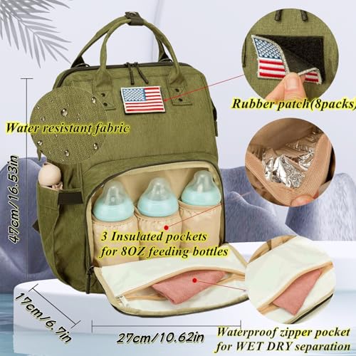 Diaper Bag Backpack for Dad and Mom with USB Charging Port Stroller Straps and Insulated Pocket,army military Travel Nappy Backpack for daddy mommy (Green) - color: Green