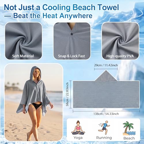 Cooling Hooded Beach Towel Cloak for Men Women - Double Layer PVA Fabric Cool Towel Cape, Instant Cooling Soft Ice Towelfor Beach Yoga Camping (Gray) - color: Gray