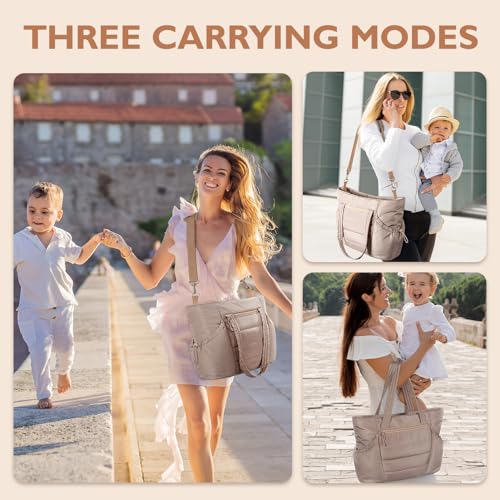 mommore Diaper Bag Tote with Stroller Organizer Puffer Bag Large Capacity Baby Bag with Changing Pad for Travel, Hospital - color: Khaki