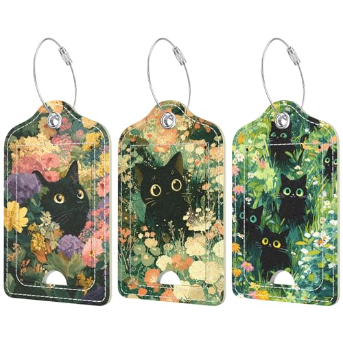 Rimilak 3 Pcs PU Leather Luggage Tags for Suitcase, Travel Cruise Luggage Tag with Privacy Flap, Name ID Label and Metal Loop for Women Men Baggage Handbag School Bag Backpack, Flower Cat - color: Flower Cat