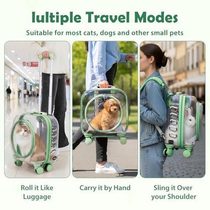 Cat Carrier Backpack with Silent Wheels, Clear Cat Stroller with Ventilation Holes, Telescopic Handle, Convenient Portable Cats Dogs Backpack for Travel (Green-B) - color: Green-B