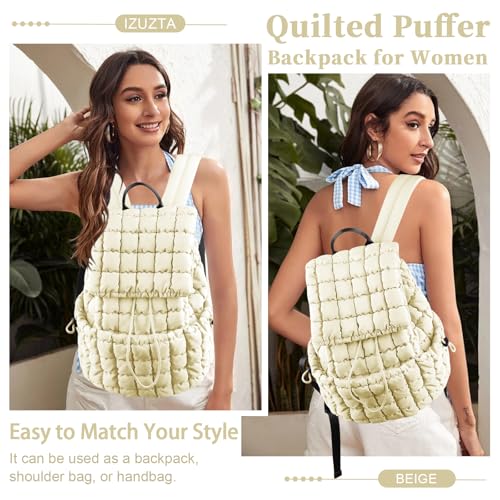 izuzta Quilted Puffer Backpack for Women, Lightweight Soft Nylon Quilted Hiker Pack, Trendy Puffy Padding Gym Backpack, Travel Bag for Casual Daypack Hiking Sport (Beige) - color: Beige