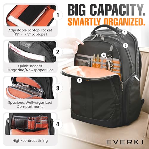 EVERKI Atlas Business 32L Laptop Backpack – Travel-Friendly Business & Office, Professional Backpack for Men & Women, Durable Computer Bag with Adjustable Padded Compartment, Fits 13"-17.3", Black - size: 32 Liters