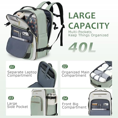 EMPSIGN 40L Travel Backpack for Women & Men, Airline Approved Carry On Backpack, TSA Personal Item Bag Waterproof, Overnight Weekender Essentials Backpacks for Business fits 17" Laptop, Light Green - color: Beige/Light Green/Army Green