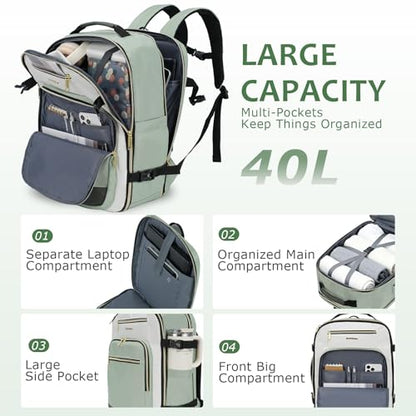 EMPSIGN 40L Travel Backpack for Women & Men, Airline Approved Carry On Backpack, TSA Personal Item Bag Waterproof, Overnight Weekender Essentials Backpacks for Business fits 17" Laptop, Light Green - color: Beige/Light Green/Army Green