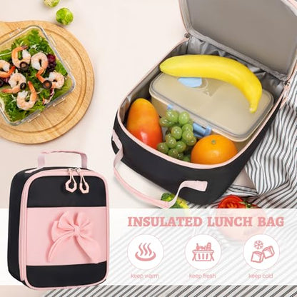 DIGOBAY Backpack for Girls, 3PCS Girls Backpack for School with Lunch Bag Pencil Case, Cute Kids Teens Bookbag for Kindergarten Elementary Preschool Middle School (Black-Pink) - color: Black-pink