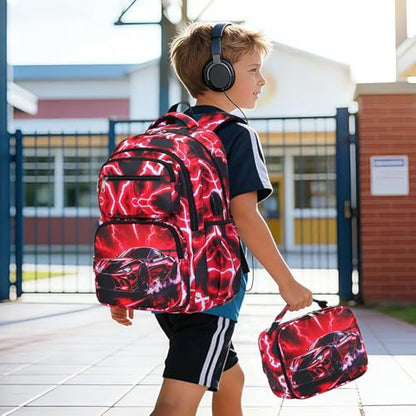 Bevalsa Backpack for Boys, Lightning School Bags with Lunch Bag & Pen Case for Kids, Bookbag for Boys Teens Elementary Middle High School - color: Red Racing Car