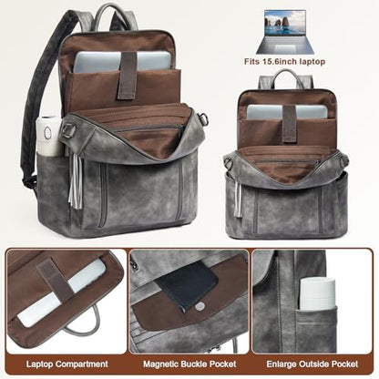 Shrrie Laptop Backpack for Women 15.6 inch,Travel Leather Backpack Purse Nurse Teacher Carry on Backpack Computer Bag,Professional Water-Resistant College Business Work Casual Daypack,Deep Gray - color: Two-toned Deep Gray