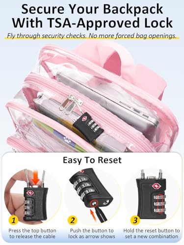 Clear Backpack Heavy Duty With A TSA Lock, 18 Inch Large Clear Back pack, Transparent See Through Bookbag for College, Work, Travel, Sport- Pink - color: Pink