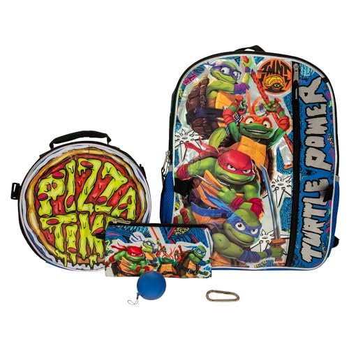 AI ACCESSORY INNOVATIONS Teenage Mutant Ninja Turtles 5 PC Backpack Set, Raphael, Leonardo, Donatello, & Michelangelo 16” School Bag, TMNT Bookbag, Blue - color: Ninja Trutles