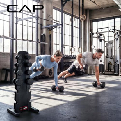 CAP Rubber Coated Hex Dumbbell Set with Storage Rack | 100–210 lb Options, Space-Saving Vertical Compact Storage for Home Gym Strength Training - size: 210 lb - Set - Black Rack, style: 12-Sided Chrome Handle