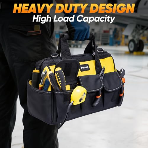 TICONN Tool Bag with Multi-Pockets Wide Mouth Tool Tote with Safety Reflective Straps, Adjustable Shoulder Strap and Ergonomic Handle (Yellow, 16" Standard Base) - color: Yellow, size: 16" Standard Base