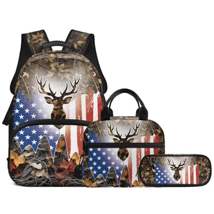 3pcs School Backpack Set With Lunch Box Pencil Case, USA Deer 17 Inch Large Capacity Bookpacks 3 In 1 Set For Boys Girls - color: Usa Deer