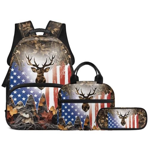 3pcs School Backpack Set With Lunch Box Pencil Case, USA Deer 17 Inch Large Capacity Bookpacks 3 In 1 Set For Boys Girls - color: Usa Deer