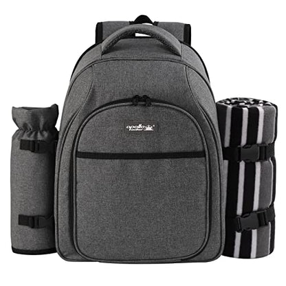 apollo walker Picnic Backpack Bag for 2 Person with Cooler Compartment, Detachable Bottle/Wine Holder, Fleece Blanket, Plates and Cutlery Set (2Person,Grey) - color: Grey1, size: 2 Person