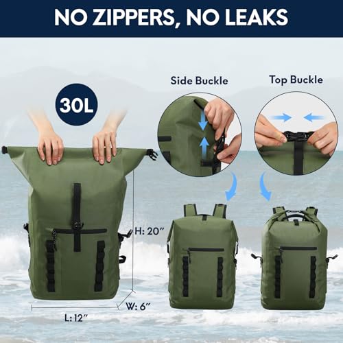 Haimont Waterproof Dry Backpack 30L TPU Lightweight Roll Top Dry Bag for Men Women, Beach, Kayaking, Travel, Hiking - color: Army Green